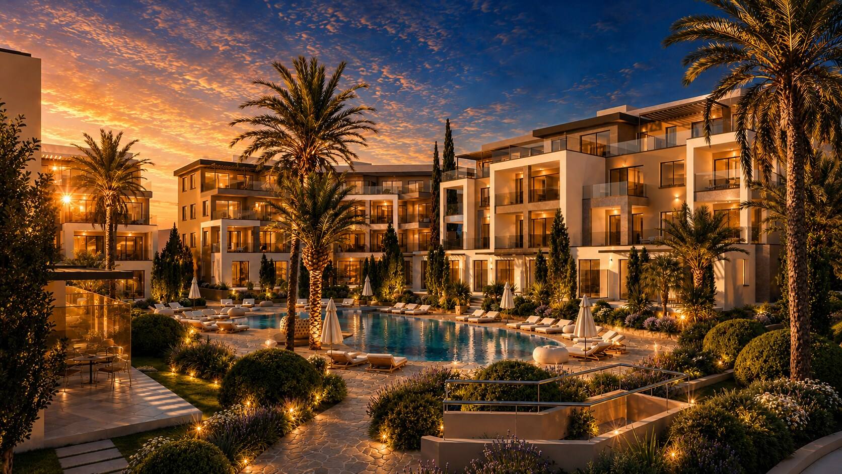 The residences at dusk
