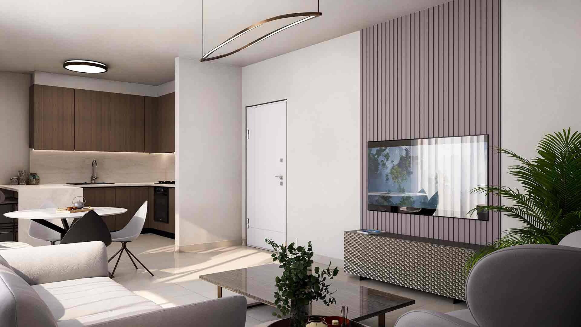 Artist's impression of a kitchen and living area