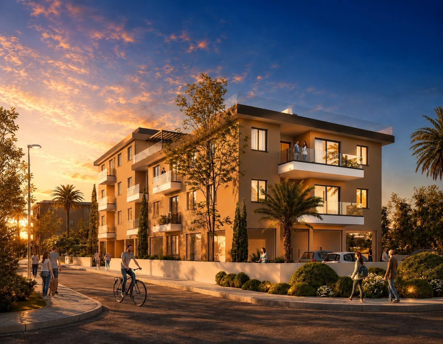 One of the residential blocks at dusk
