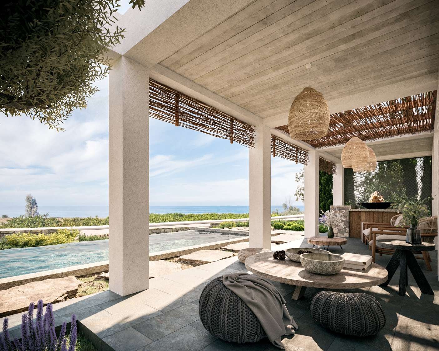 Shaded Mediterranean terrace overlooking the sea